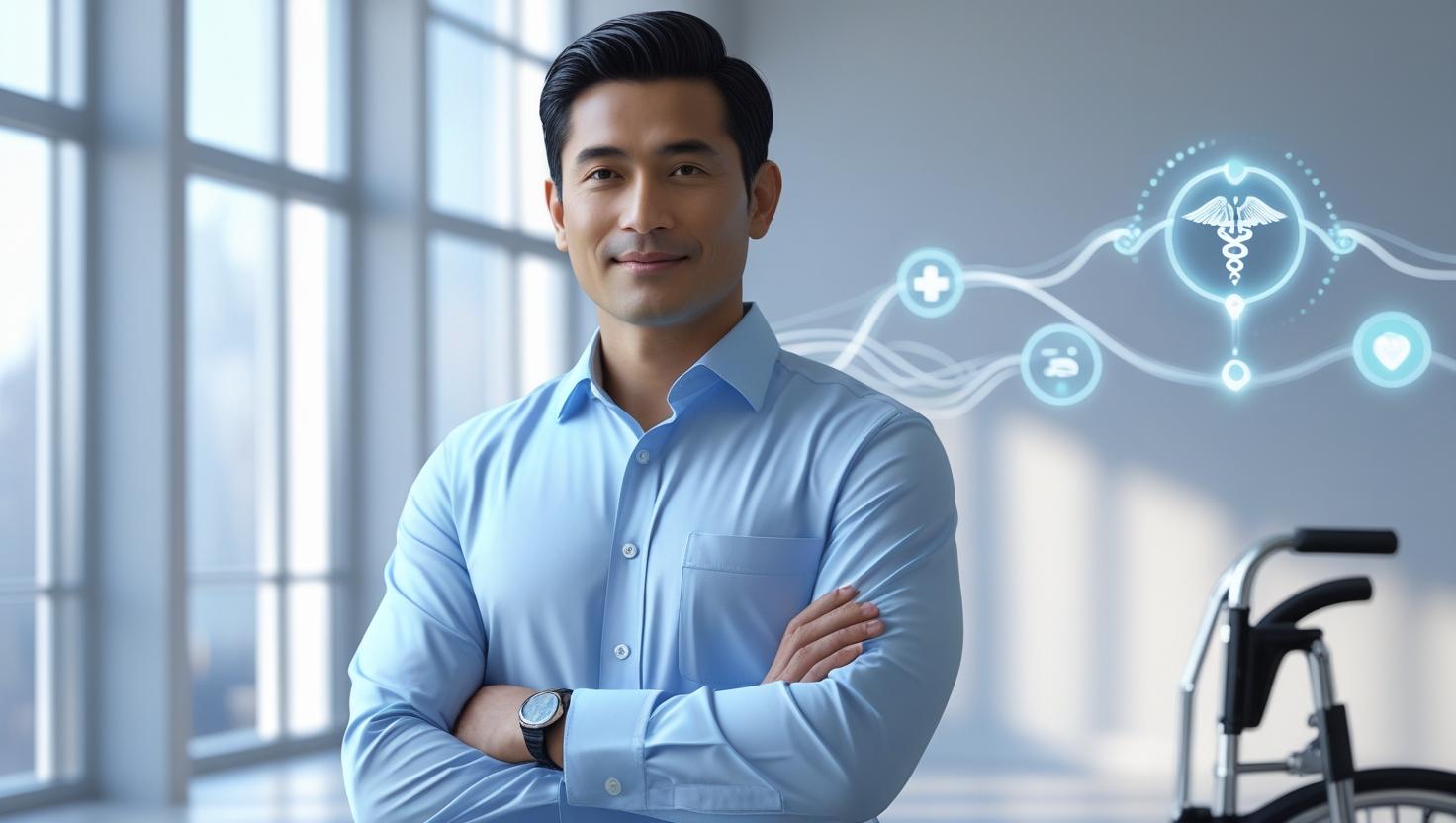 Tahir Afzal, a South Asian healthcare entrepreneur, standing confidently in a modern medical office in Maryland, symbolizing leadership in DME services.
