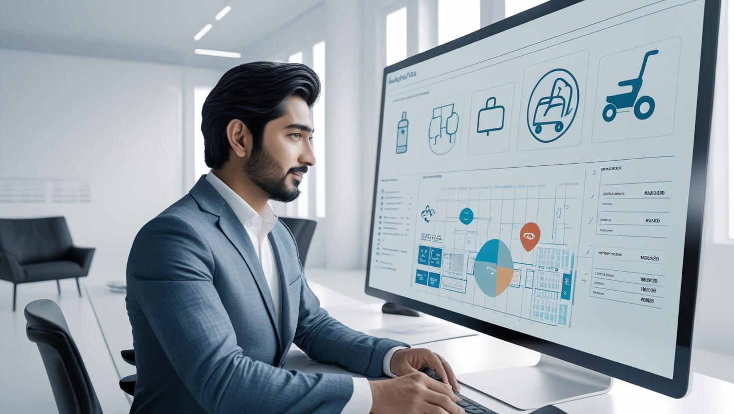 Tahir Afzal standing in a medical warehouse overseeing automated systems and modern medical equipment like nebulizers and mobility aids