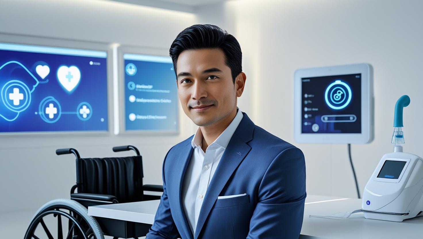 Tahir Afzal in a modern healthcare office, reviewing logistics charts with medical equipment icons in the background, representing efficient DME operations in Maryland.
