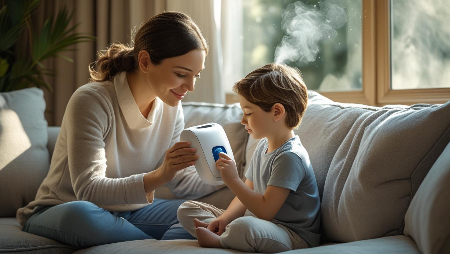 A close-up of a compact, modern nebulizer in use at home, with a parent assisting a child during respiratory treatment—representing Tahir Afzal nebulizers from Adam DME.