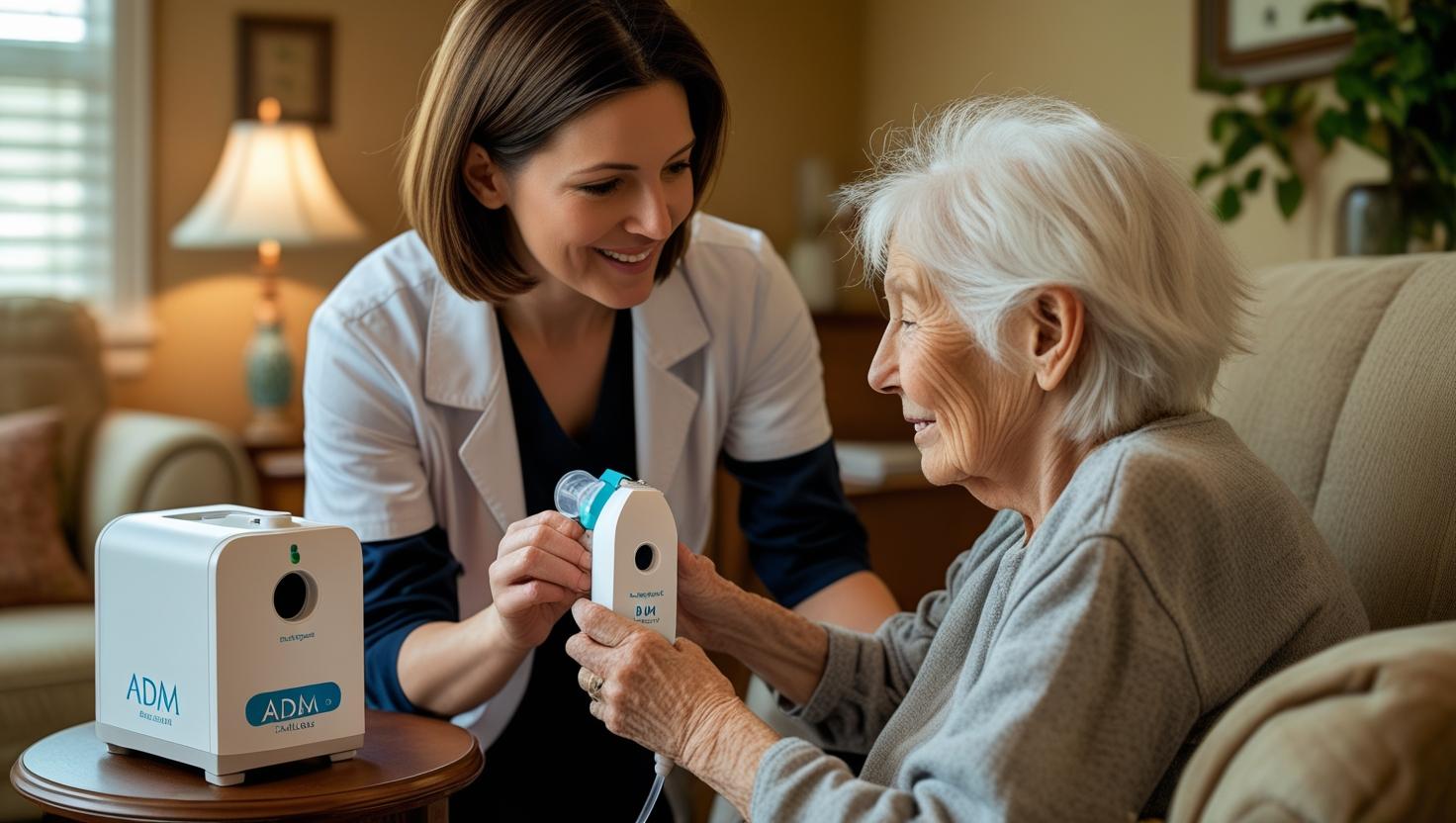 Caregiver assisting an elderly person with a compact nebulizer at home, showing a calm and comfortable environment with easy-to-use respiratory tools from Adam DME.